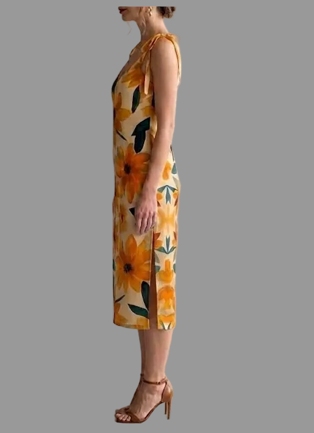 Black-Eyed Susan Chiffon Tie-Strap Midi Dress S
