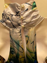 Load image into Gallery viewer, Indigo Asian Floral  Asymmetric Halter Satin Top