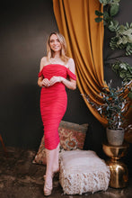 Load image into Gallery viewer, Hot Pink Chiffon Ruched Off-Shoulder Dress
