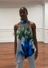 Load image into Gallery viewer, Indigo Asian Floral  Asymmetric Halter Satin Top