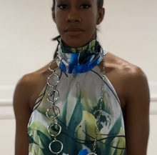 Load image into Gallery viewer, Indigo Asian Floral  Asymmetric Halter Satin Top