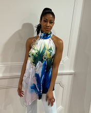 Load image into Gallery viewer, Indigo Asian Floral  Asymmetric Halter Satin Top