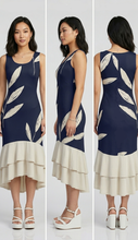 Load image into Gallery viewer, Navy Leaf Print Sleeveless Double Ruffle Hem Dress
