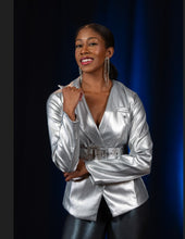 Load image into Gallery viewer, Silver Faux Leather Jacket with Rhinestone Buckle Belt