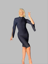 Load image into Gallery viewer, Navy Blue Cape Sleeve Bandage Dress with Floral Buttons
