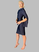 Load image into Gallery viewer, Navy Blue Cape Sleeve Bandage Dress with Floral Buttons