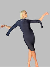 Load image into Gallery viewer, Navy Blue Cape Sleeve Bandage Dress with Floral Buttons