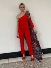 Load image into Gallery viewer, Scarlet One Shoulder Slit Sleeve Jumpsuit with Sash and Colored Leaves Scarf
