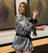 Load image into Gallery viewer, Silver Pleated Bubble Dress with Belt
