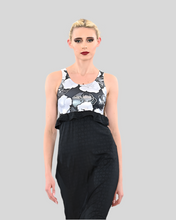 Load image into Gallery viewer, Black and White Rose Foil Sleeveless Empire Waist Dress
