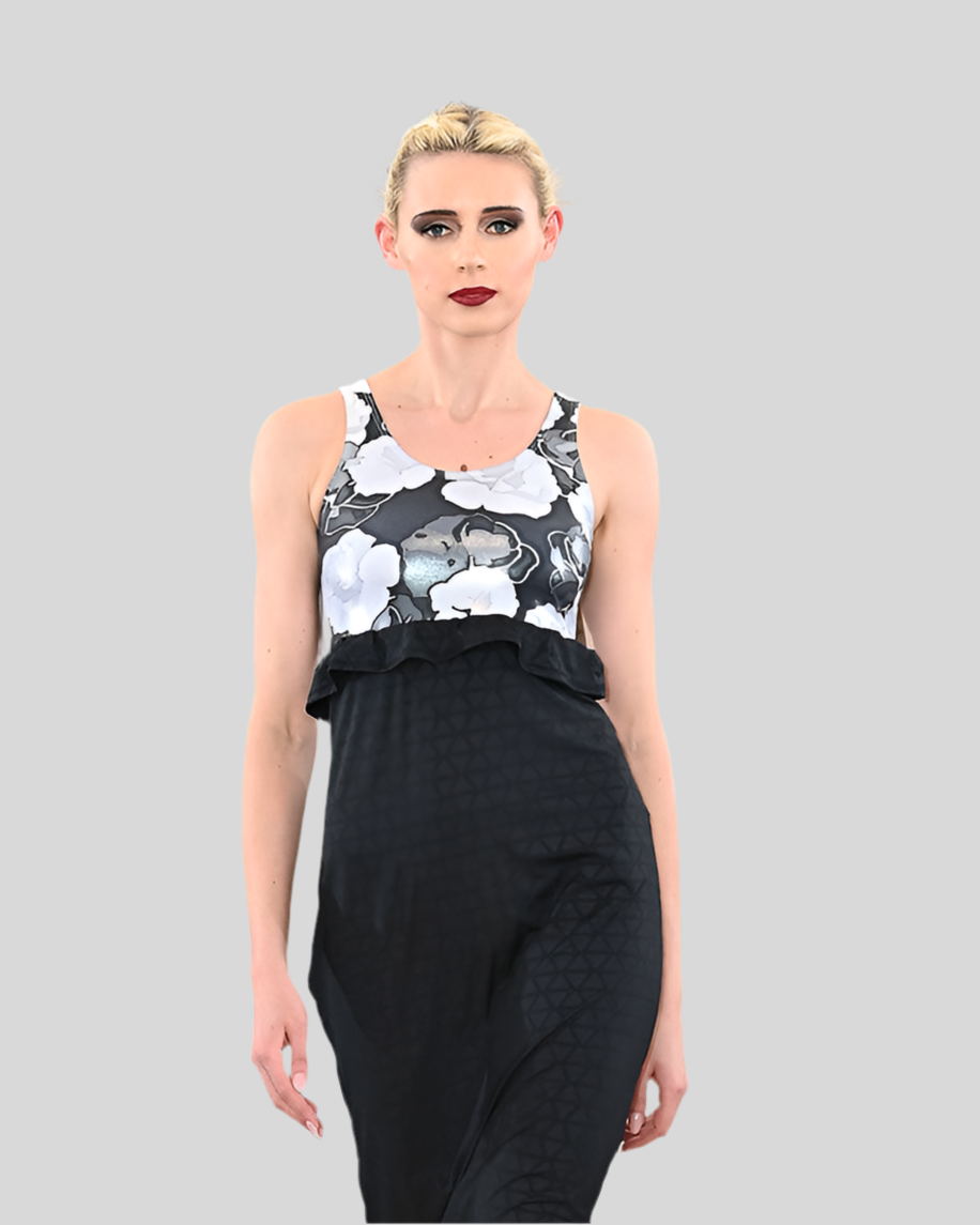Black and White Rose Foil Sleeveless Empire Waist Dress Black and White Rose Foil Sleeveless Empire Waist Dress