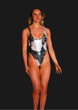 Load image into Gallery viewer, Black and White Rose Foil One-Piece Swimsuit
