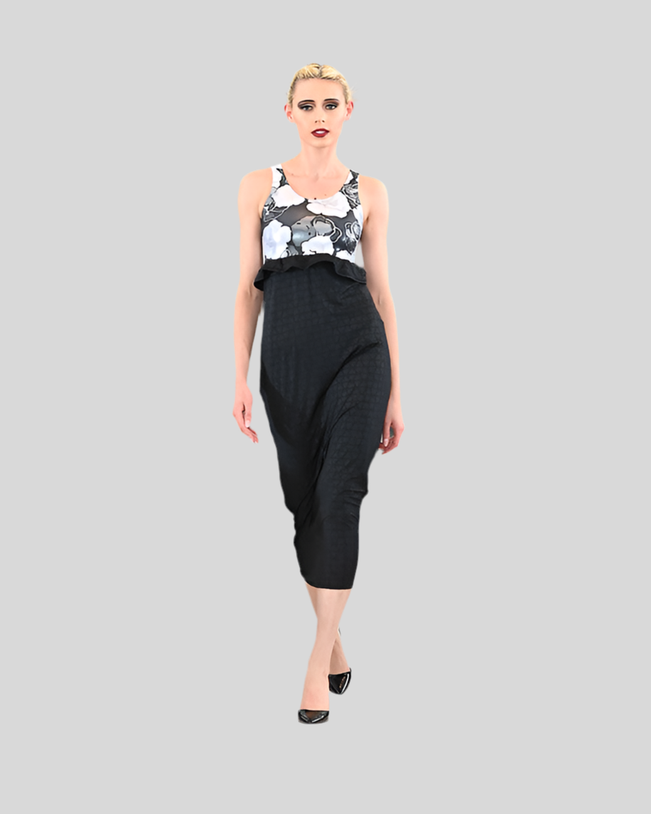Black and White Rose Foil Sleeveless Empire Waist Dress Black and White Rose Foil Sleeveless Empire Waist Dress