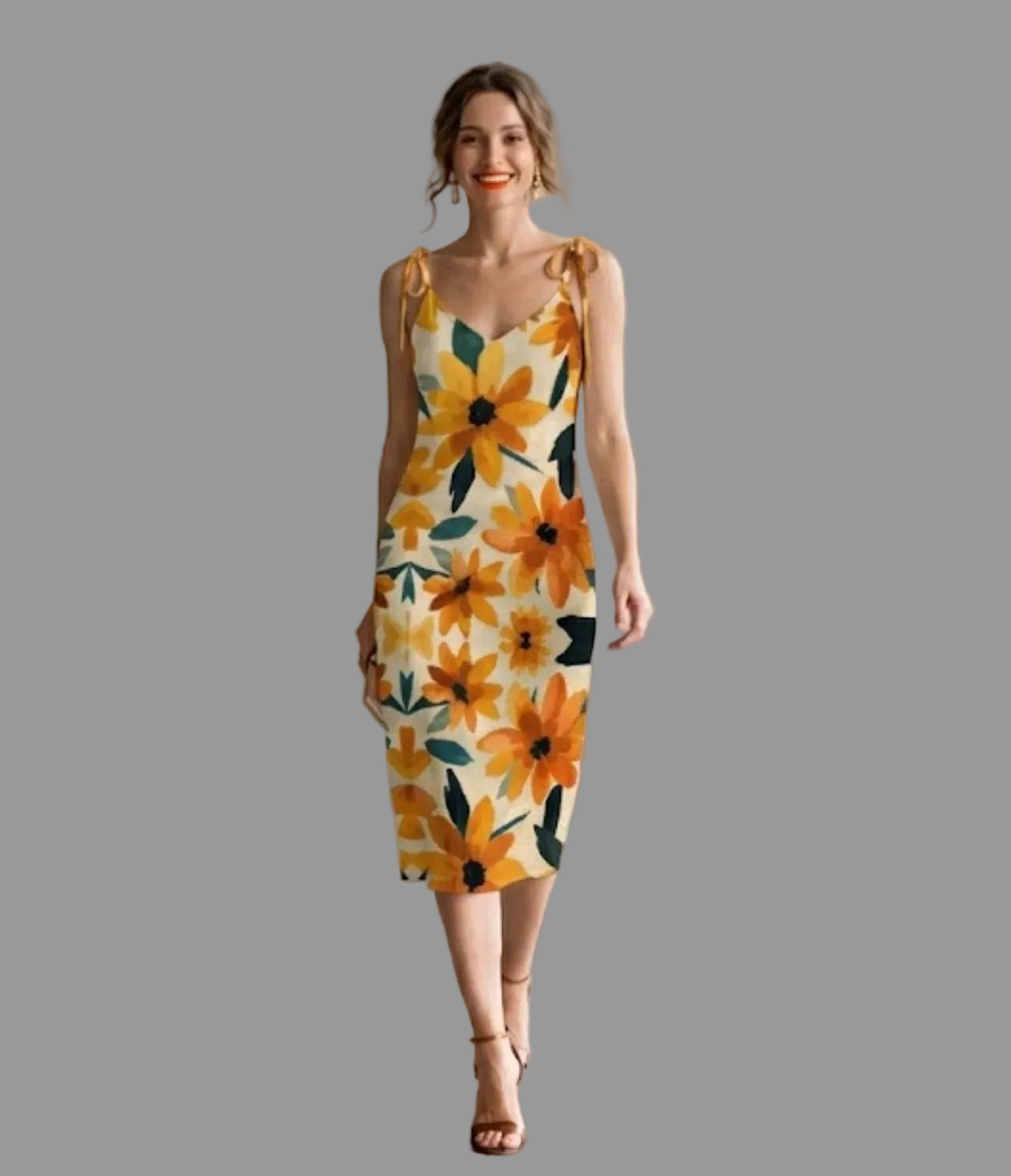 Black-Eyed Susan Chiffon Tie-Strap Midi Dress