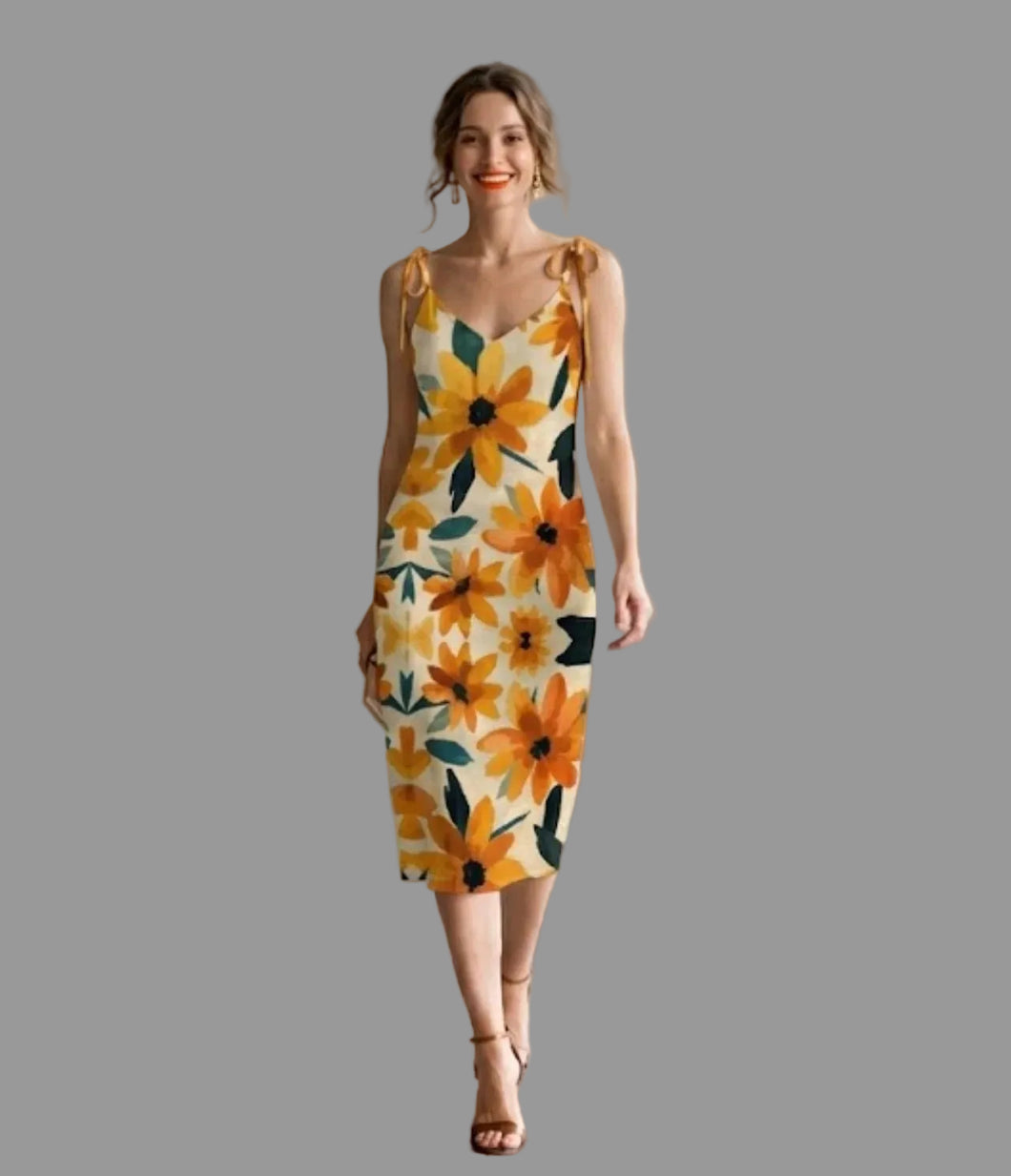 Black-Eyed Susan Chiffon Tie-Strap Midi Dress S