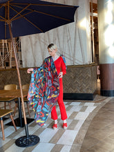 Load image into Gallery viewer, Scarlet One Shoulder Slit Sleeve Jumpsuit with Sash and Colored Leaves Scarf
