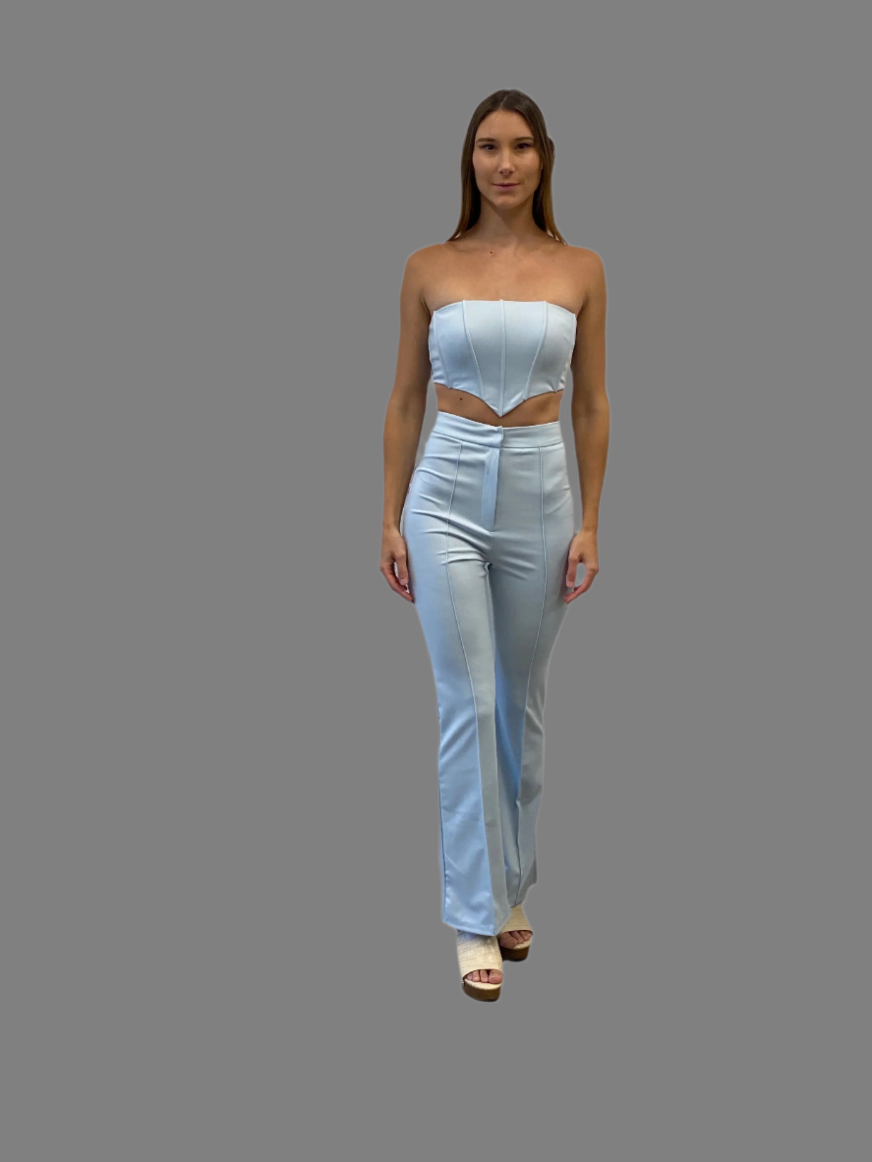 Sky Blue Corset Top and Wide-Leg Pant Set